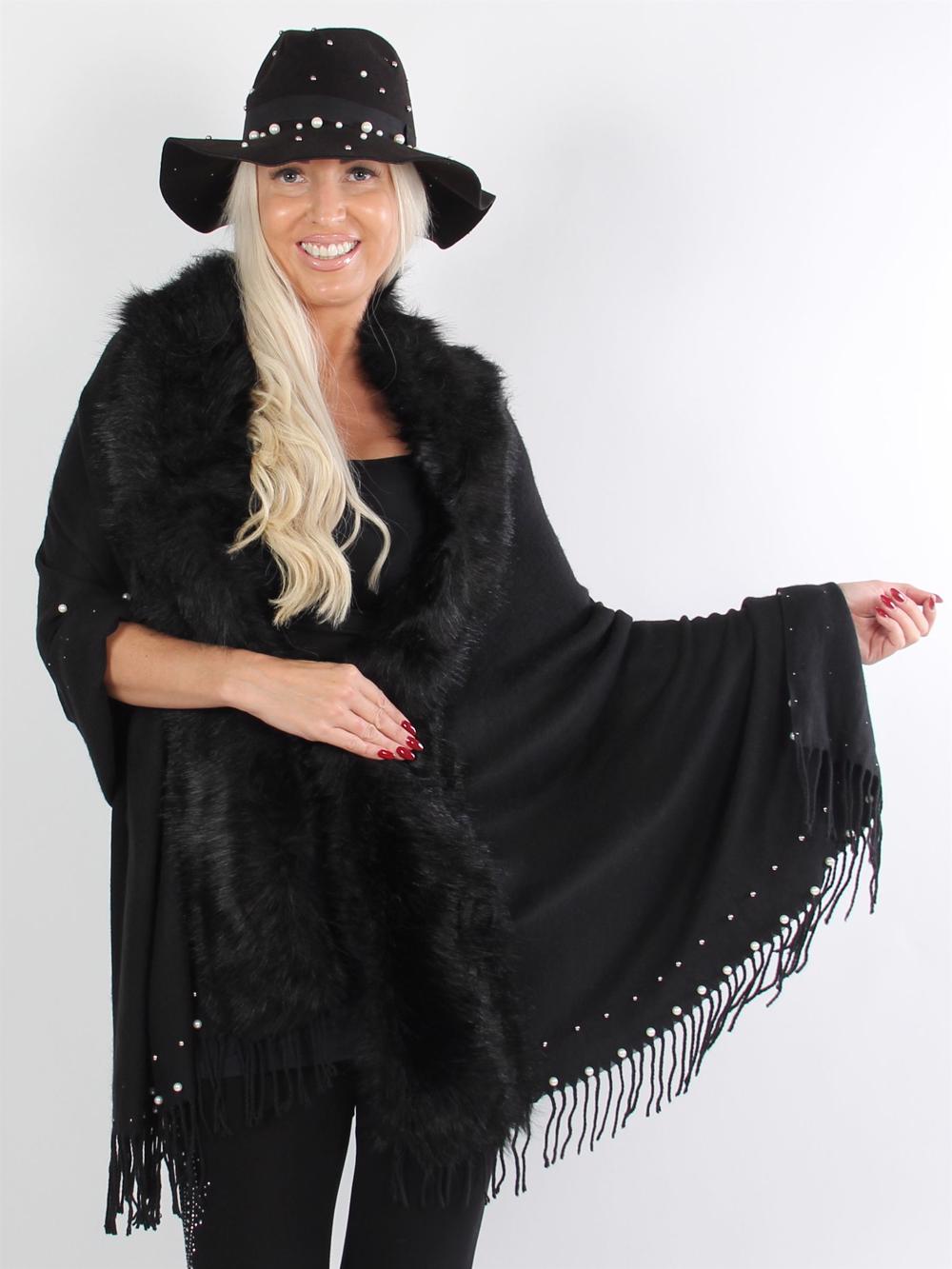 Safi - Sort sjal med fakefur og perler